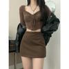 Autumn Style: Brown Long-Sleeve Top & Hip Short Skirt Two-Piece Set for Women