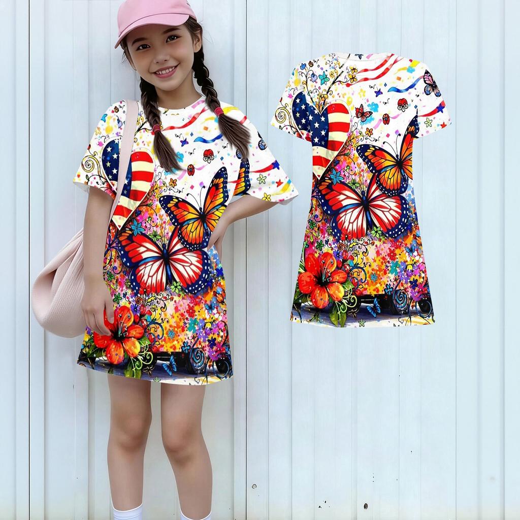 Girls Independence Day Print Casual Dress Kids Loose Round Neck Short Sleeve Thin Sundress