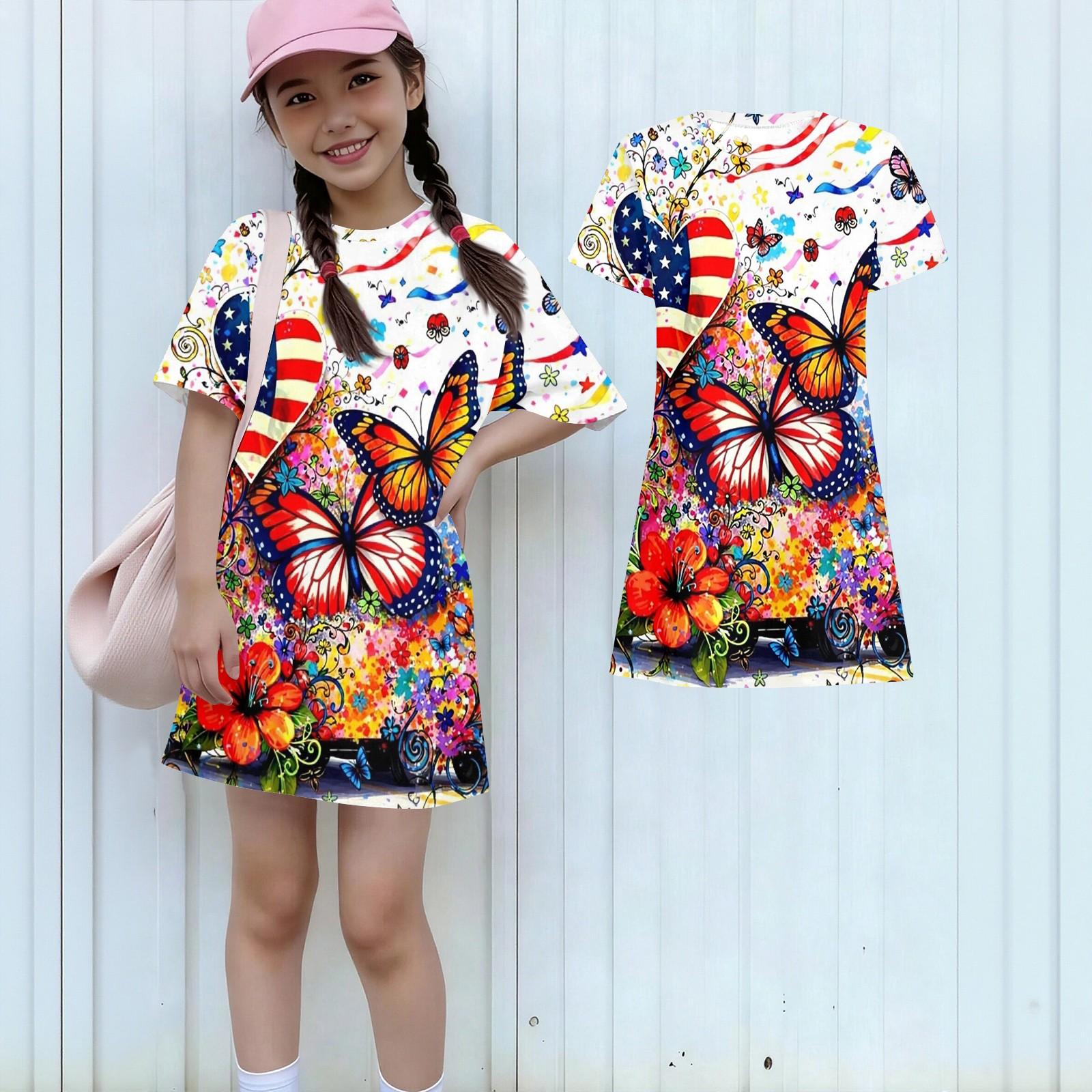 

Girls Independence Day Print Casual Dress Kids Loose Round Neck Short Sleeve Thin Sundress 160 білий