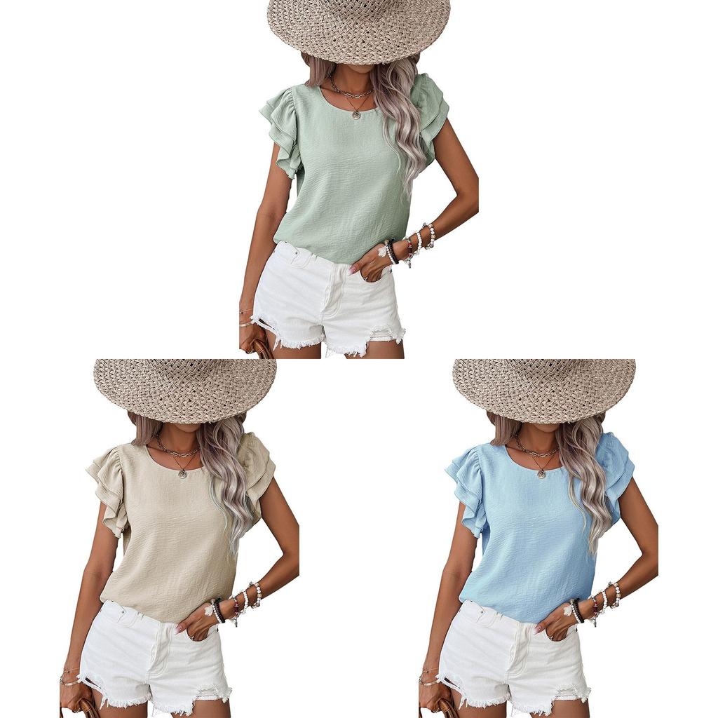 Polyester-T-Shirt mit Blütenärmeln und Raffung für legere Sommerkleidung