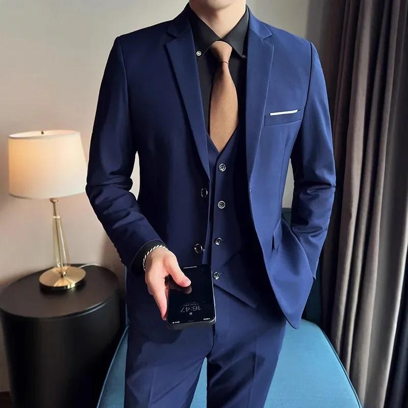 Men's Suit (Blazer+ Trousers) Gentleman Business British Style Solid-color Banquet Host Casual Wedding Suit