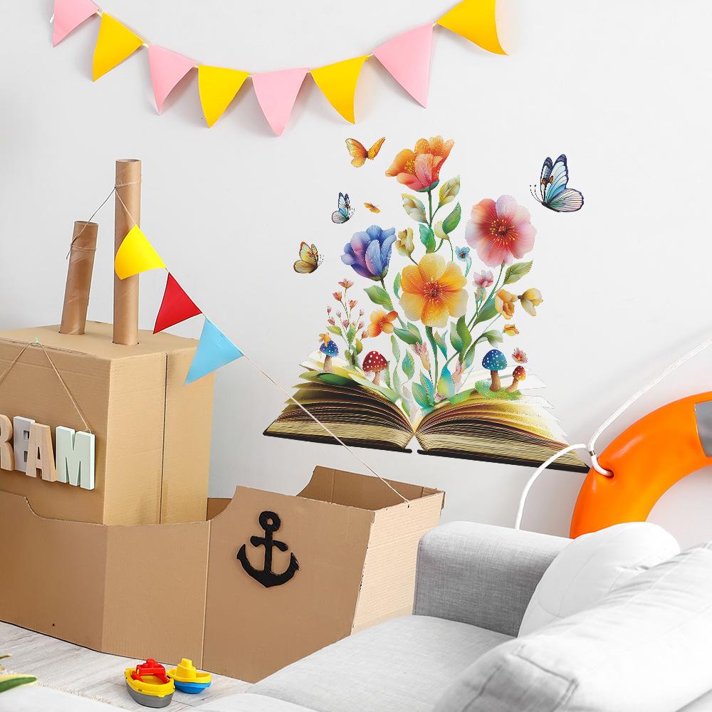 Creative Dreamy Flower and Book Butterfly Living Room and Study Decoration and Beautification Stickers