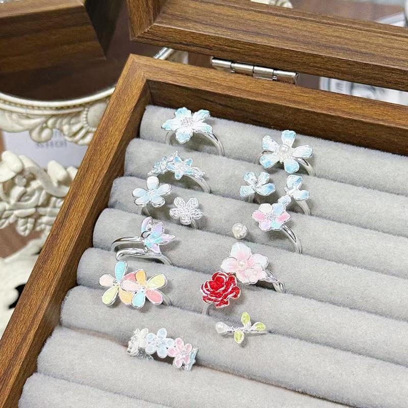 Small Fresh Enamel Ice Blue Flower Opening Ring Super Fairy Diamond Stacked Wearing Personality Sweet Super Fairy Ring Woman