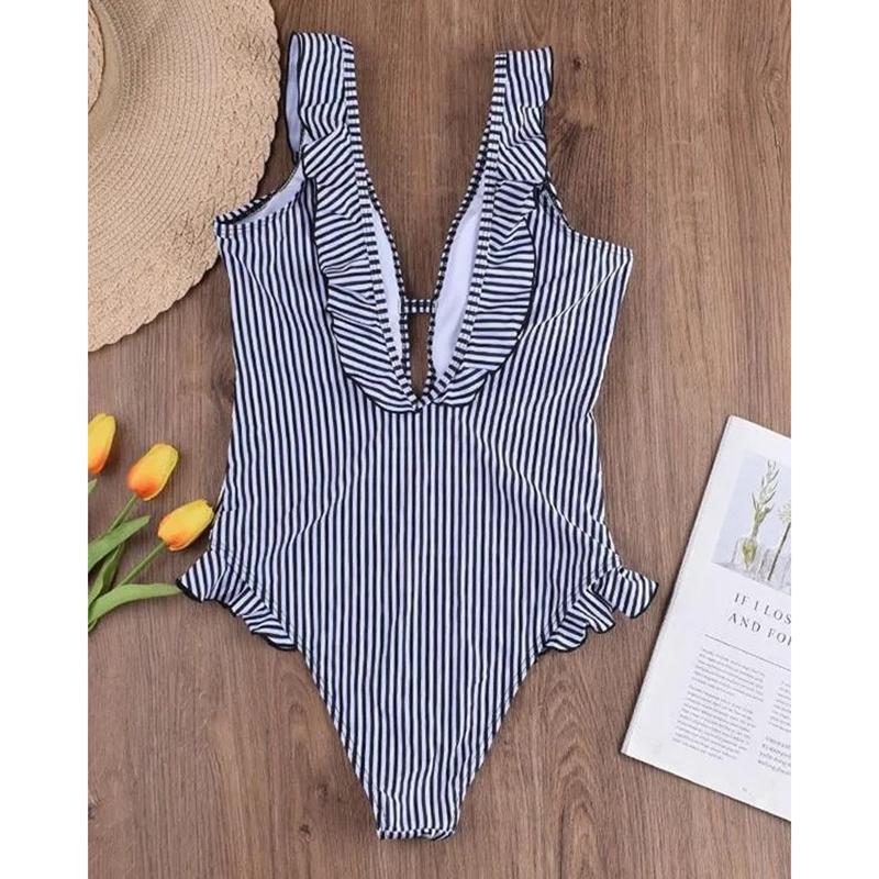 One-piece Swimsuit Striped Ruffled Swimwears Femme Sexy Halter Swimsuit Boho Push Up High Waist Swimwears