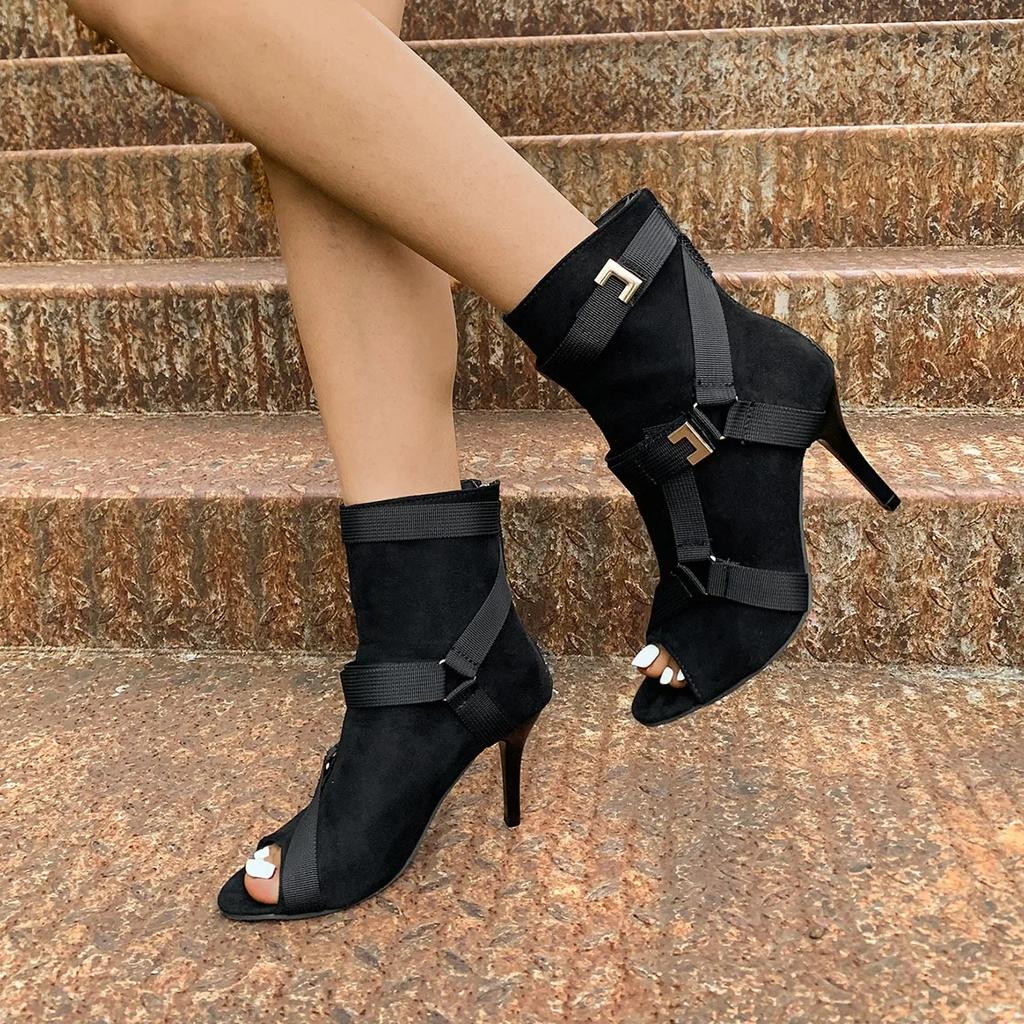 Fashion Buckle Strap Round Peep Toe Women Ankle Boots ArmyGreen Cross Strap Thin Heels Spring Autumn Modern Short Booties