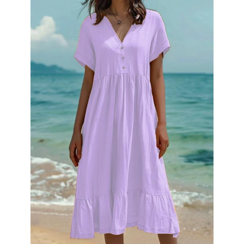 JKASHDK Damemote Sommer Våren Ensfarget Print Kortermet V-hals Løs midje uformelle kjoler