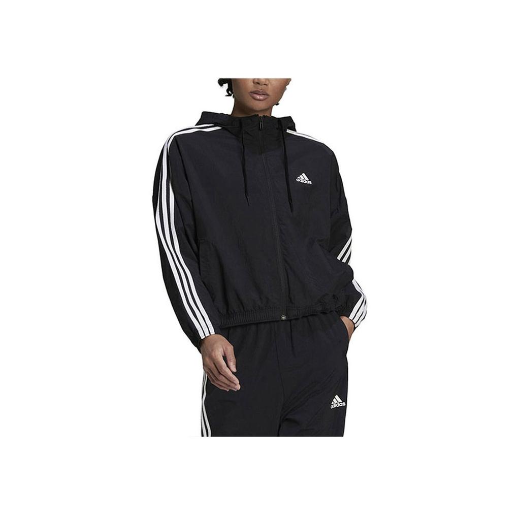 adidas Gestreept Logo Hoodie Geweven Jas Dames Jassen Zwart HC9160