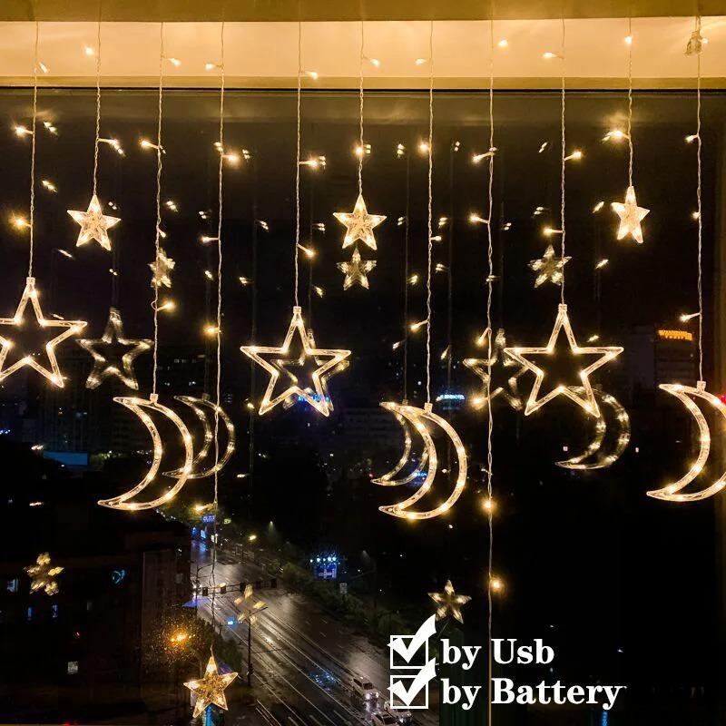 USB & Battery Operated Star Moon Curtain String Lights, Warm White & Multicolor LED Fairy Hanging Lights for Bedroom, Christmas, New Year Indoor Decor