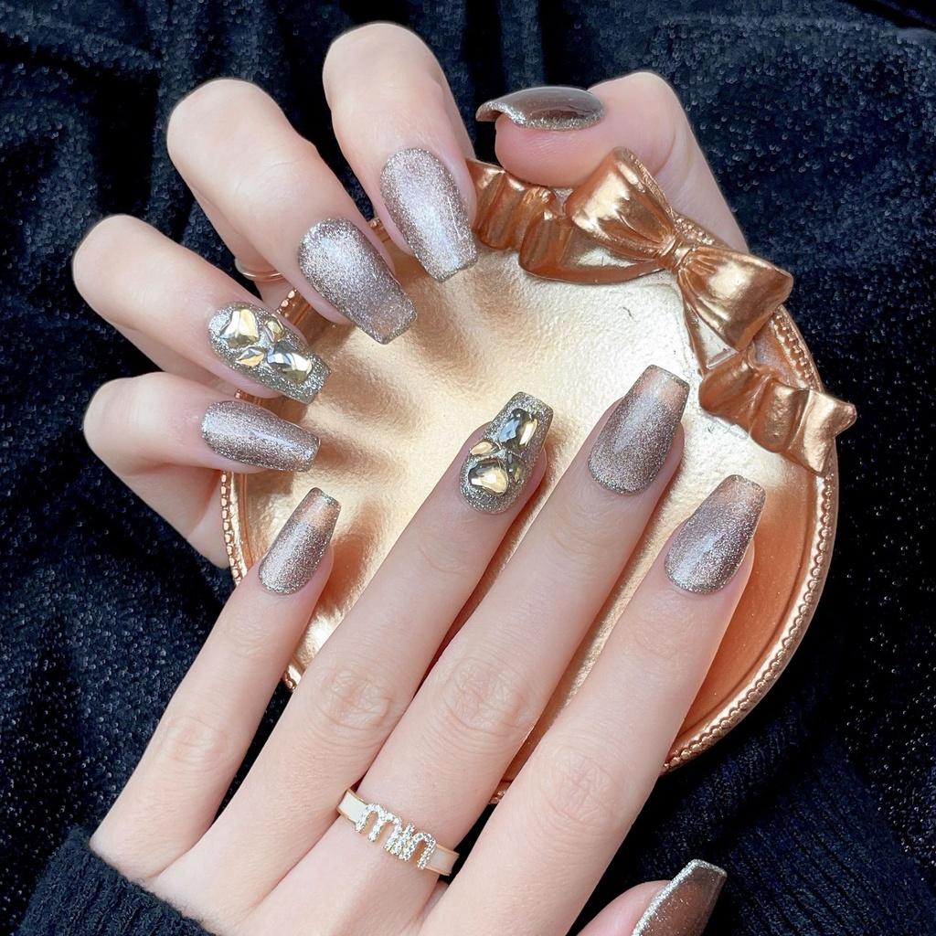New Autumn And Winter Handmade Nail Stickers Pure Color Cat Eye French Style Flashing Rhinestone False Nails