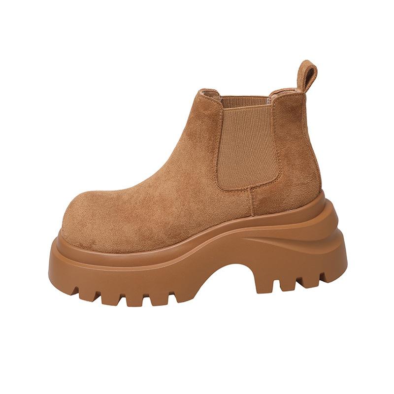 New platform-soled fashion boots women's shoes round head medium boots frosted leather fashion boots thick heel thin Martin boots