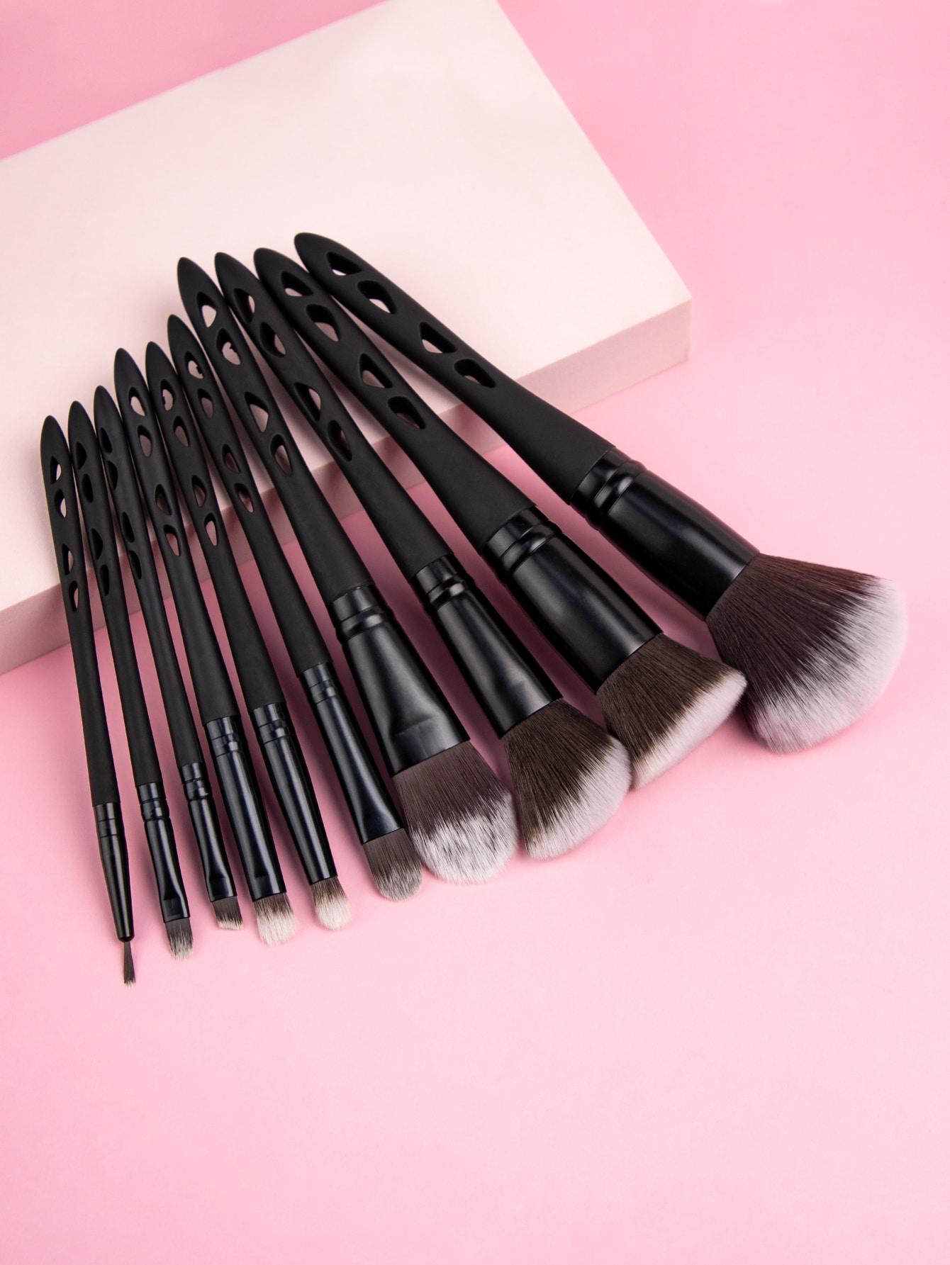 

10-Piece Black Makeup Brush Set with Plastic Handle and Dual-Color Synthetic Bristles