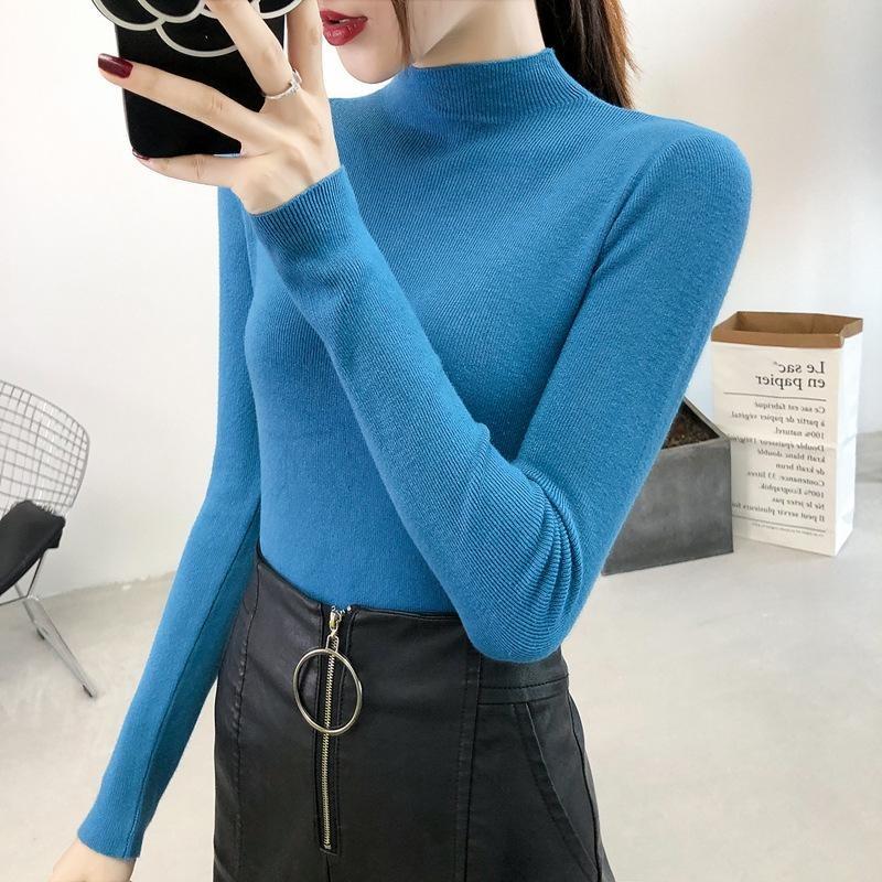 Half Turtleneck Knitted Pullovers Sweaters Women Autumn Winter Primer Shirt Long Sleeve Short Slim-fit Tight Jumper Tops Solid Color One Size