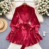 V Neck Puff Sleeve Satin Lace-up Solid Color Dresses for Women French Chic Pleated Dress Spring Women Dresses
