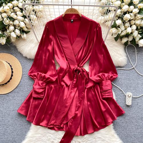 V Neck Puff Sleeve Satin Lace-up Solid Color Dresses for Women French Chic Pleated Dress Spring Women Dresses