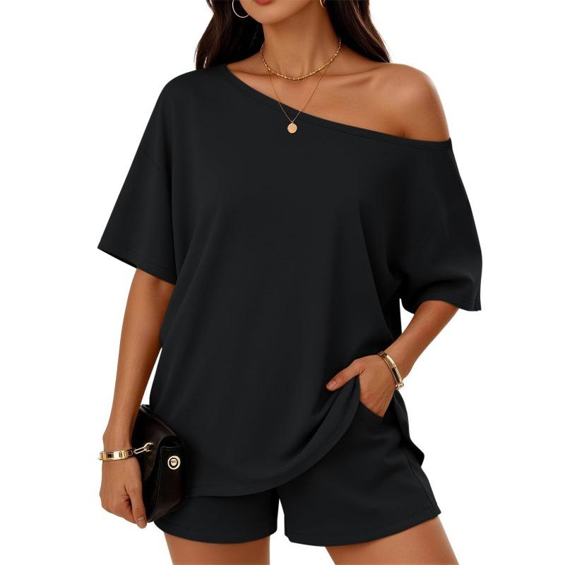 Women's Two Piece Outfits Off Shoulder Loose and Shorts Set with Pockets
