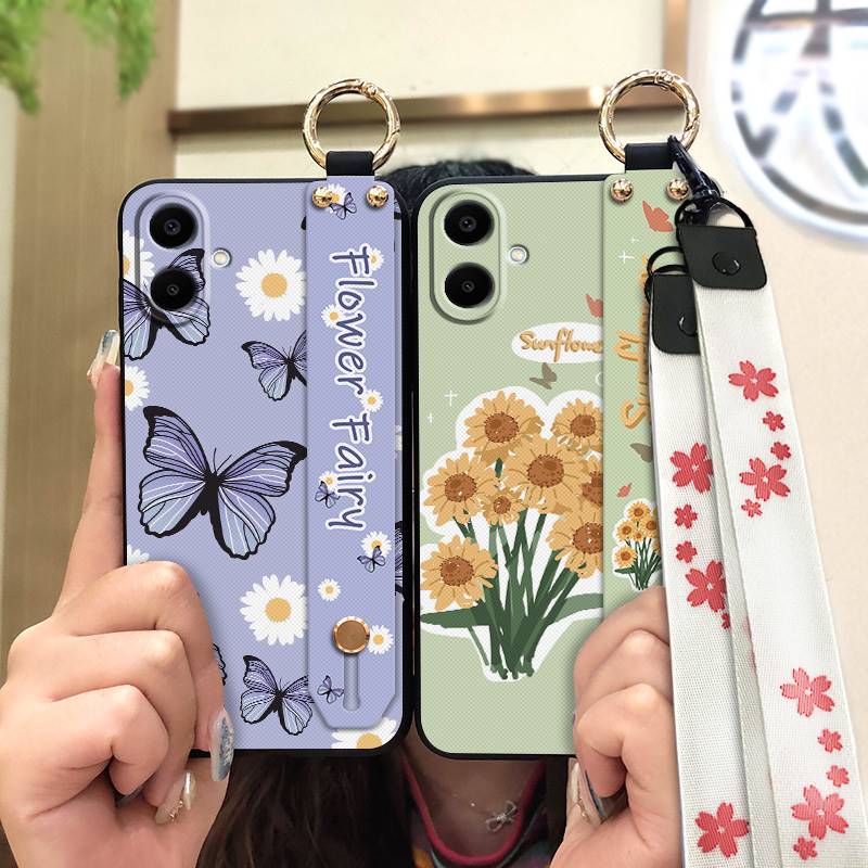 Durable Back Cover Phone Case For Samsung Galaxy A07 Flower Silicone Anti-knock Wrist Strap Shockproof Lanyard Anti-dust