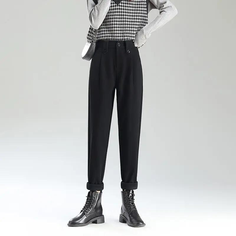 

Autumn and Winter Women s Solid Color Straight Pipe Pants Slim Button Fashion Casual Formal Office Lady All Match Trousers S чорний