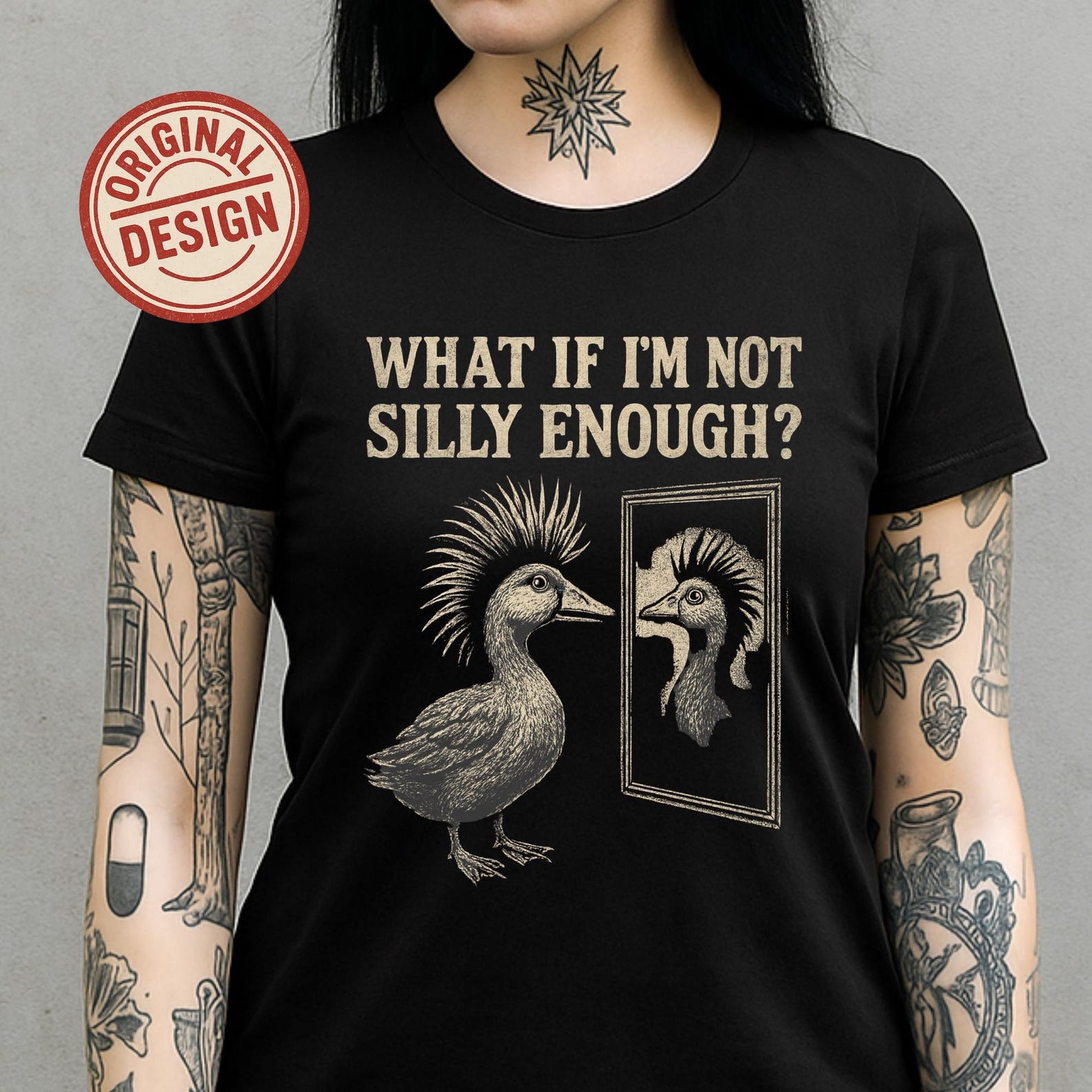 Gothic Punk Goose T-Shirt – What If I’m Not Silly Enough? Rocker Bird Tee XL