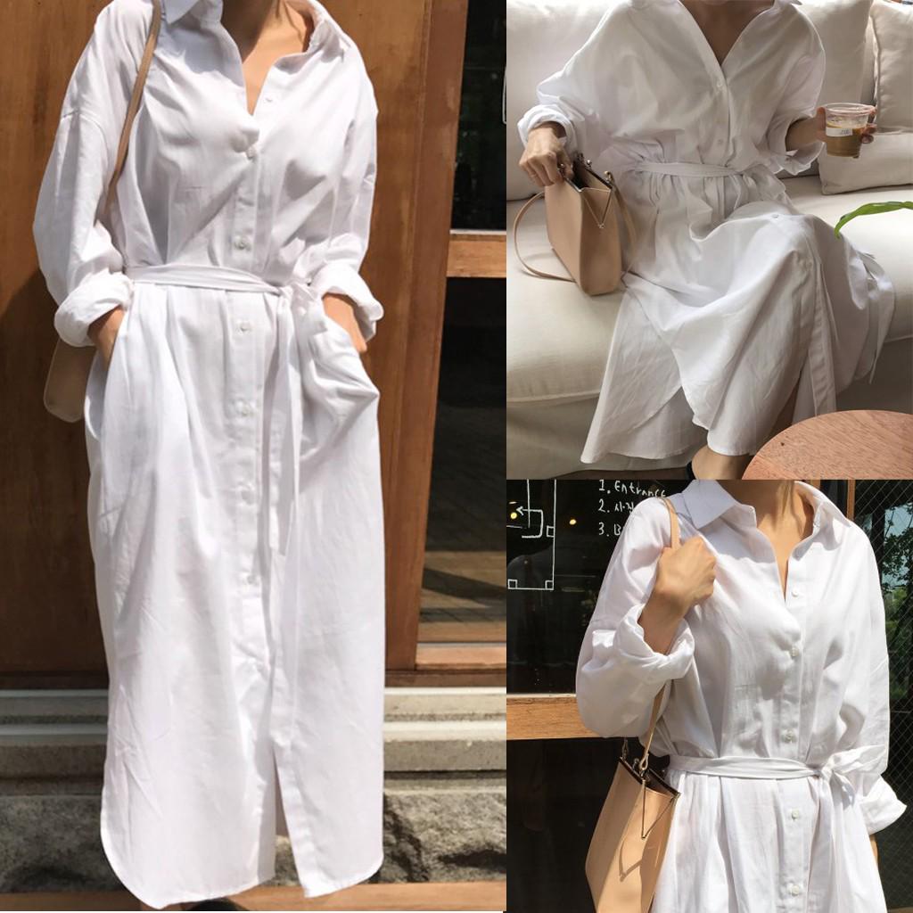 

Женское платье с отворотом и длинным рукавом, свободное платье цвета повязки L белый