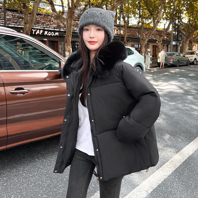 

Жіноча коротка вітрозахисна тепла зимова куртка з капюшоном і великим хутряним коміром, 4 кольори XL чорний