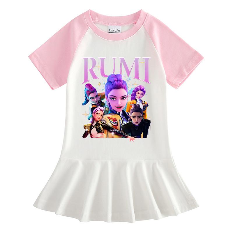 Girls Kpop Rumi Mira Zoey Hunters Print Raglan Sleeves Cotton Dress