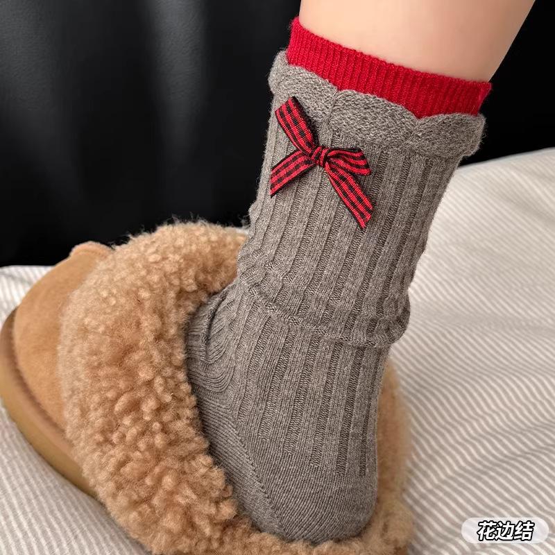 Chaussettes Mi-Mollet à Carreaux Rétro avec Nœud Épaissies Chaudes Dentelle de Ballet Chaussettes Empilées pour Mollets Chaussettes du Nouvel An