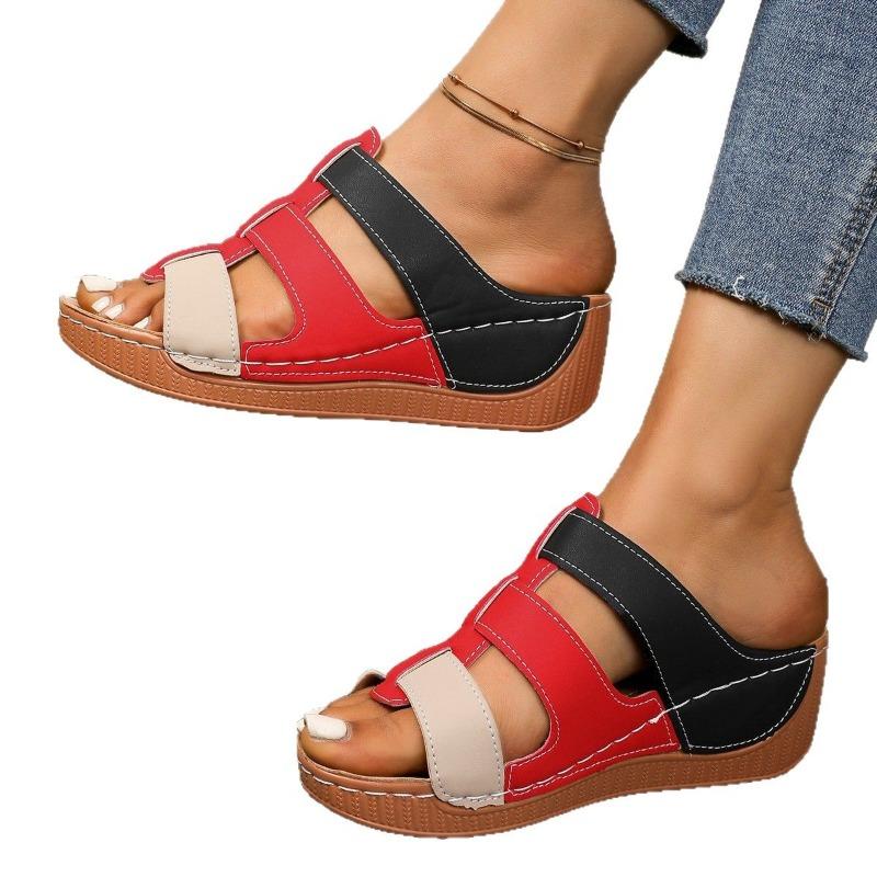 Women’s Colorblock Peep-Toe Wedge Slide Sandals Summer Beach Shoes