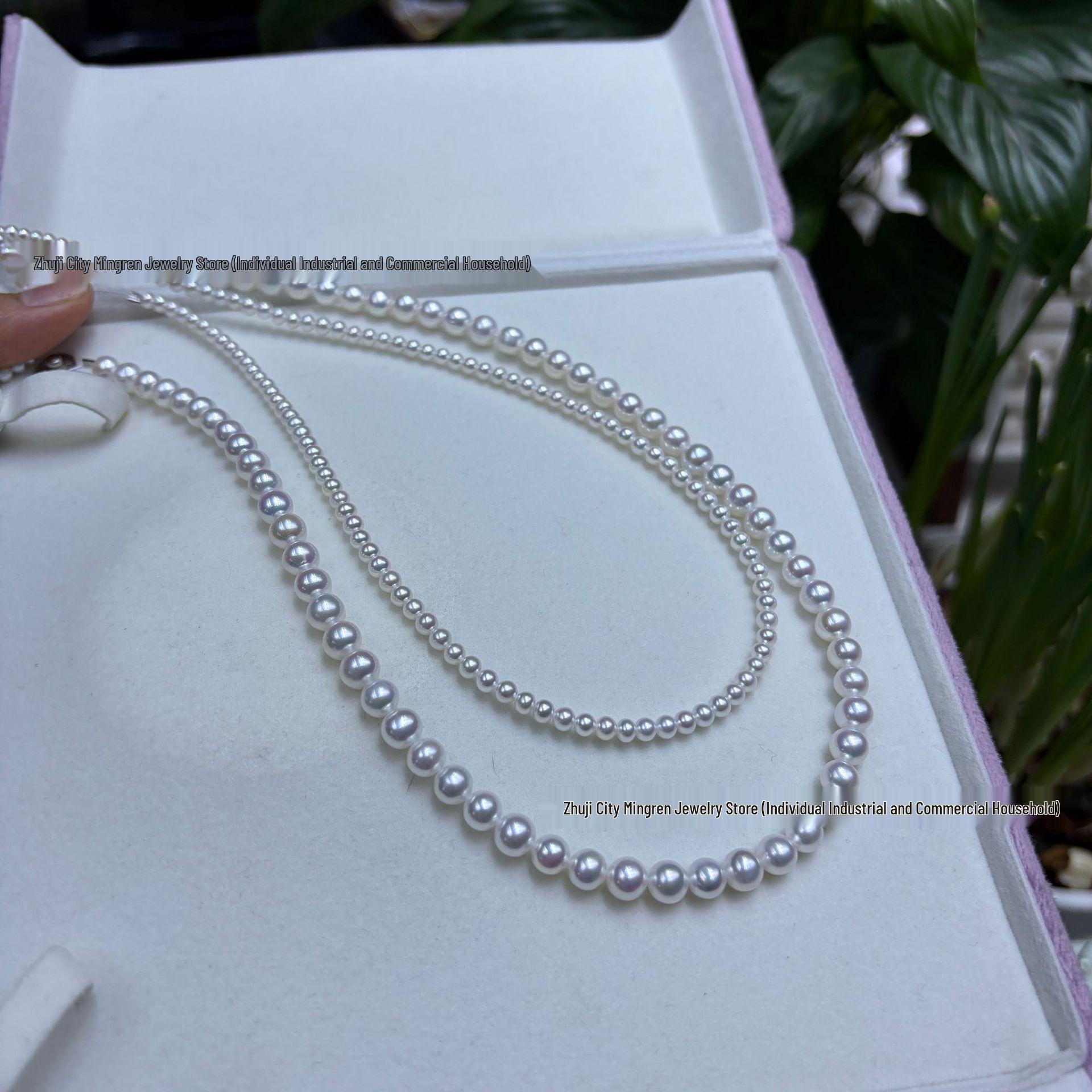 Zhuji Freshwater Pearl Necklace with Gold-Plated Clasp, Double Layer, Stackable Style, 3-7mm Pearls, High Gloss White Finish. 3-4mm/6-7mm Double Layer белый