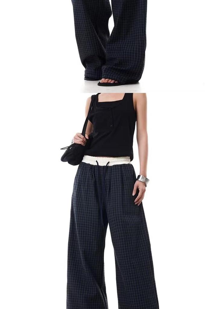 American Retro Plaid Unisex Casual Pants with Double Waistband and Drawstring – Banana Wide Leg, Spring/Autumn 2026 Collection