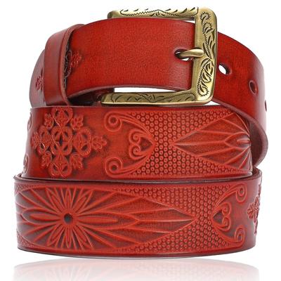 [Laquest] Men's Leather Belt, Cowhide, Ortiga Native Pattern, Embossed, Engraved, Casual (3. Red)