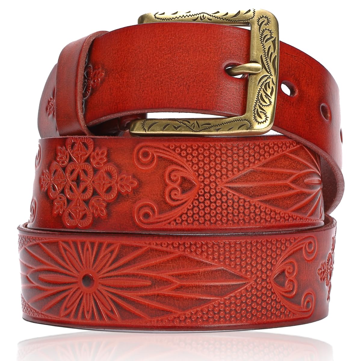 

[Laquest] Men s Leather Belt, Cowhide, Ortiga Native Pattern, Embossed, Engraved, Casual (3. Red)