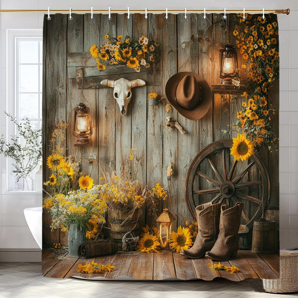 Rustic Farmhouse Garden Cowboy Theme Shower Curtain, Bathroom Decor Shower Curtain, Plants And Flowers Shower Curtain With Hooks