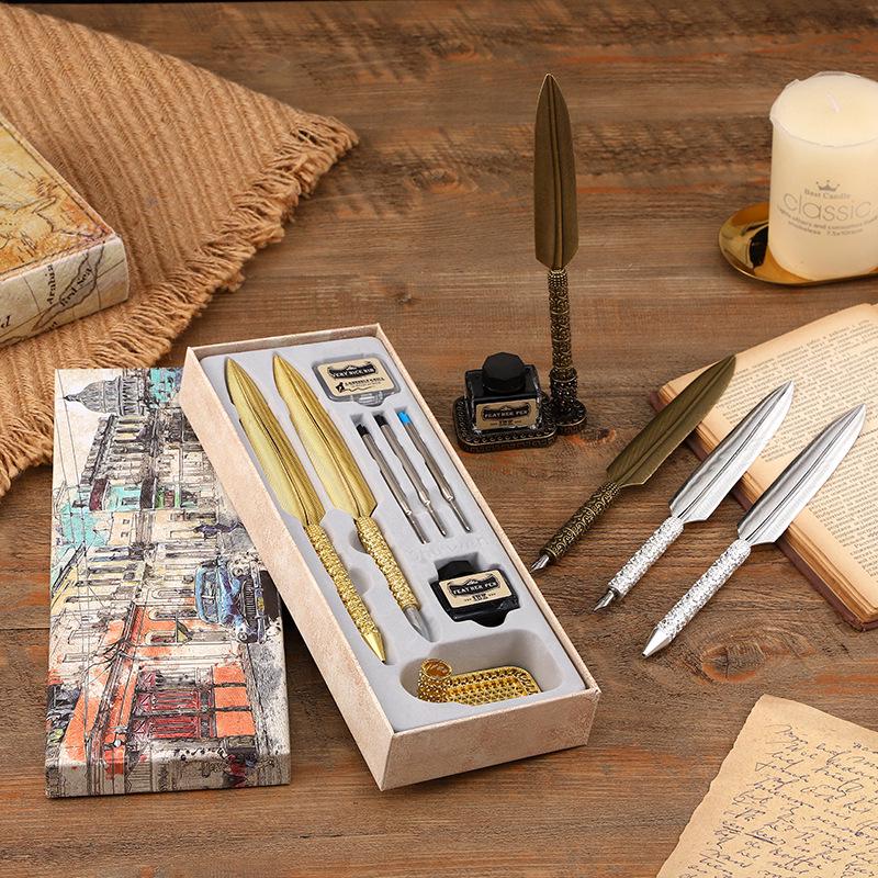 Vintage Gold Feather Fountain Pen Set - British Style Creative Christmas Gift