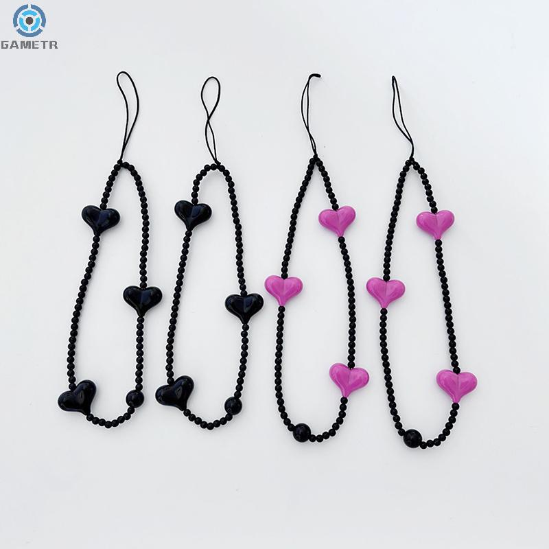 Korean Black Heart Phone Charm Straps Acrylic Beaded Cell Phone Chains Handy Wristlet String Lanyard Y2K Jewelry Accessories