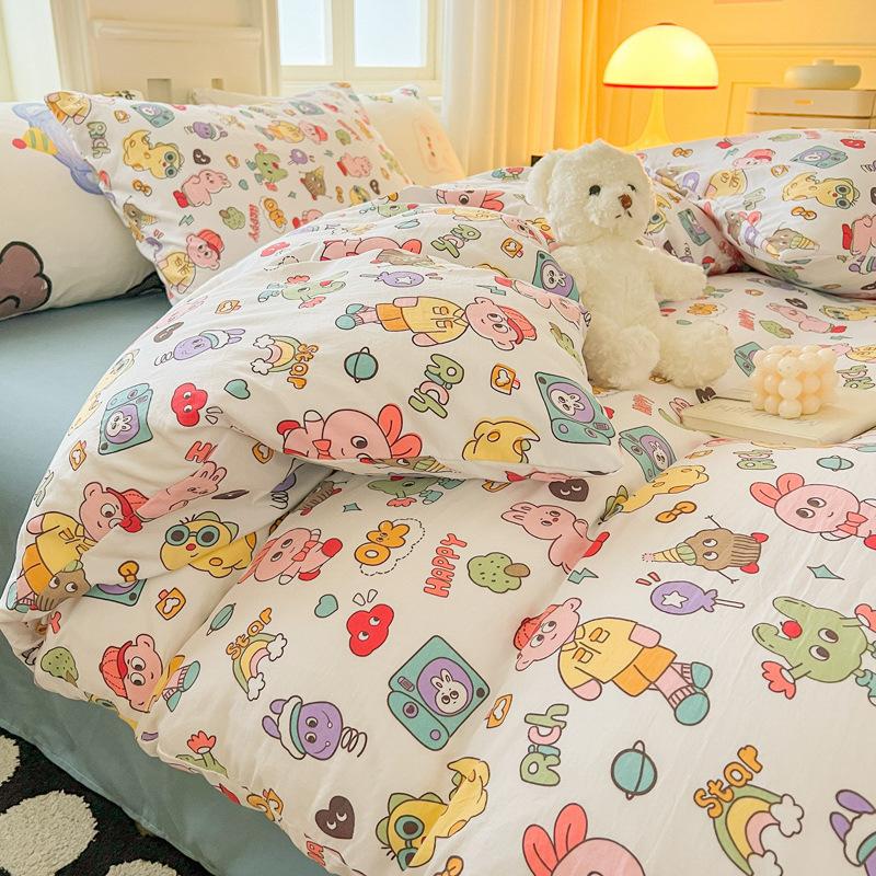 Small Clear Four-piece Set of Washed Cotton Sheets, Quilt Cover Three-piece Set of Bedding