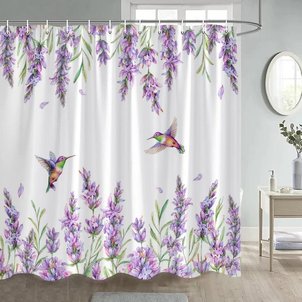Kolibris Duschvorhang Weiß Blumige Pflanze Aquarellkunst Modern Einfach Stoff Badezimmer Vorhänge Heim Badewannen Dekor Haken
