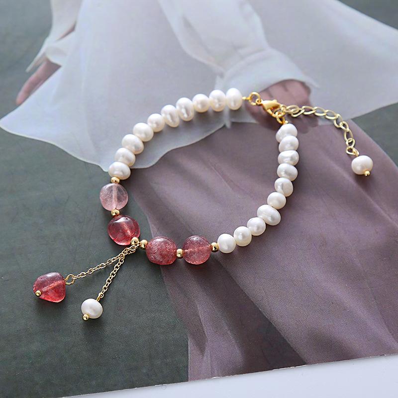 Strawberry Crystal Freshwater Pearl Bracelet Bangles Women Fashion Jewelry Accessories Gift