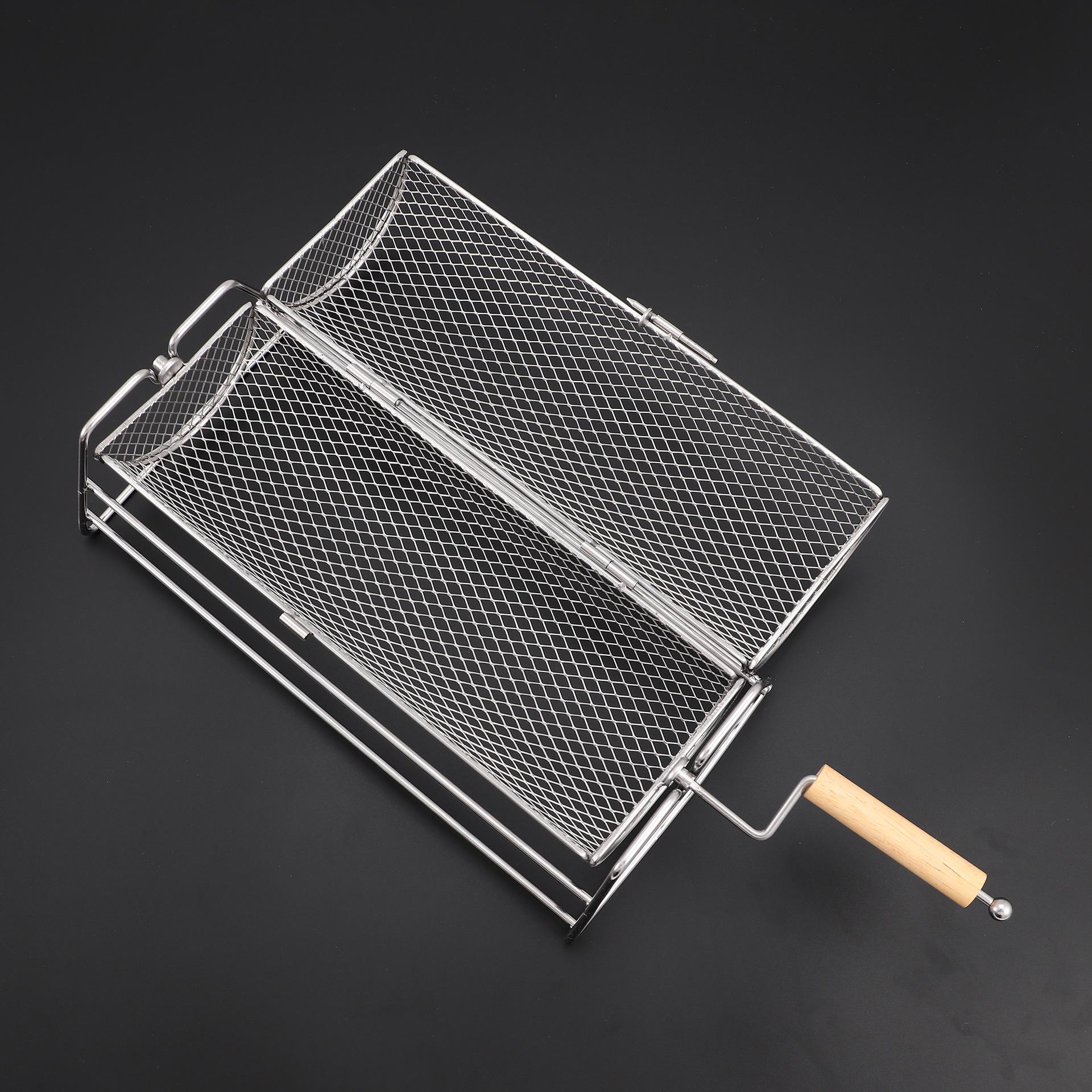 Wooden Handle Stainless Steel BBQ Rolling Grill Cage for Vegetables & Meat