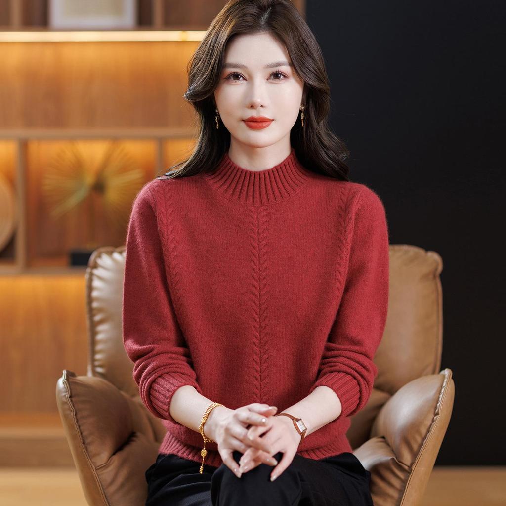 Maternity 100% Pure Wool Autumn/Winter Sweater for Women, Half-High Neck, Thickened Plain Color Base Layer for Middle-Aged & Elderly.