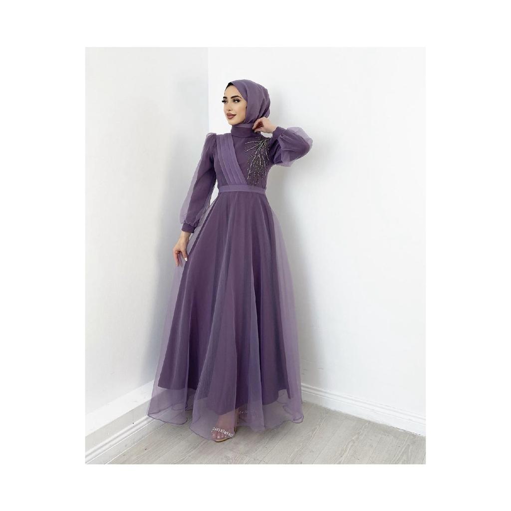 Shoulder Stone Embroidered Hijab Evening Dress Organza Tulle Sash Detailed Design Fashion Wedding Elegance Saks