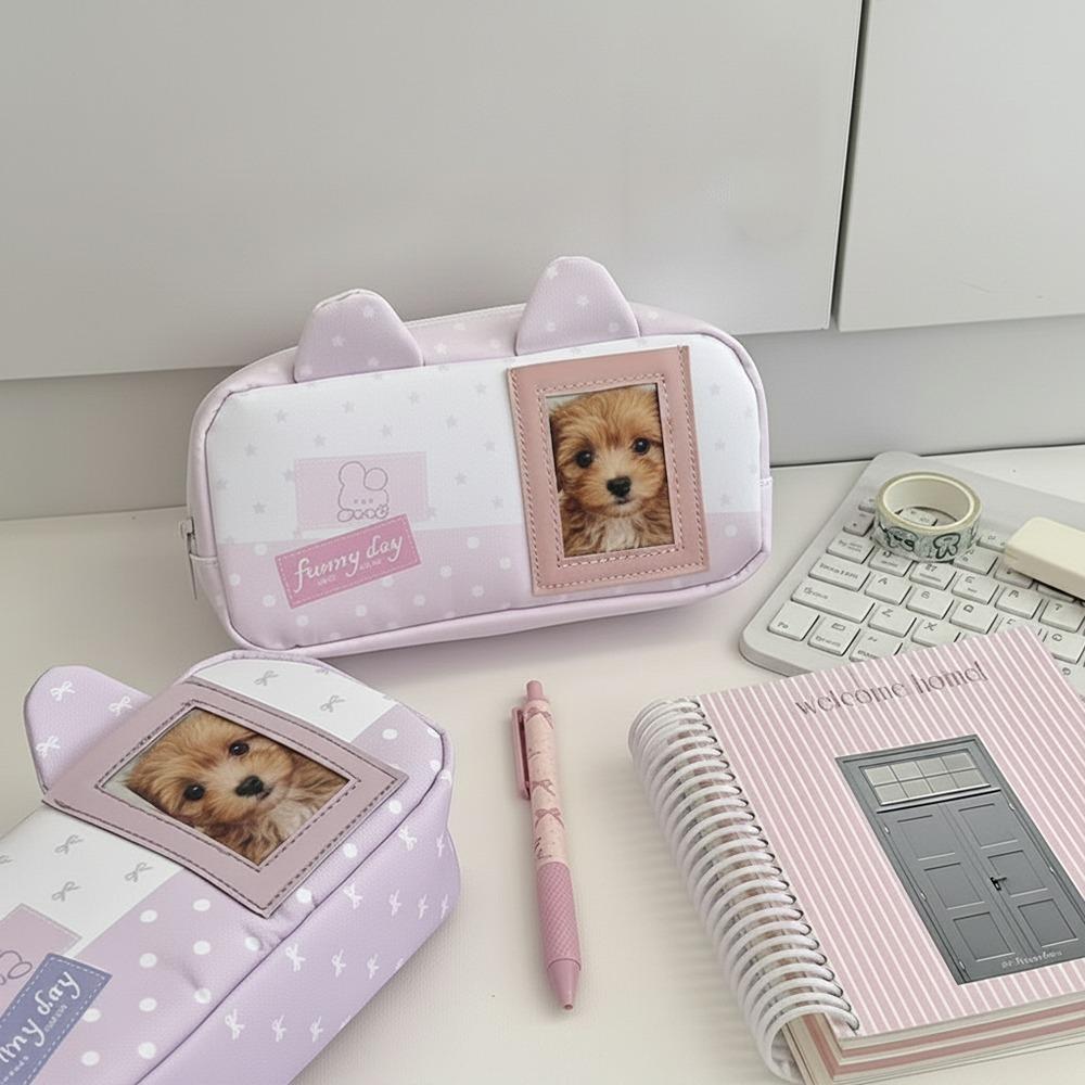 Polka Dot Star Bow Pen Bag with Photo Card Slot Stationery Bag Stationery Organizer  Students розовый
