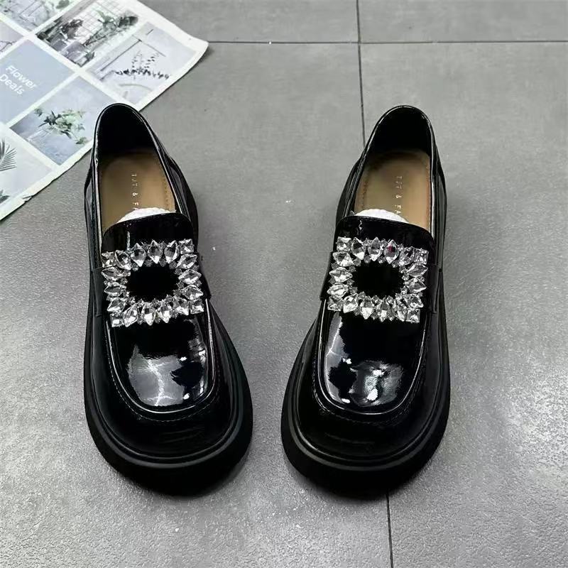 2025 new platform loafers women's black small leather shoes high-end rhinestone thick heel spring and autumn British Mary Jane shoes