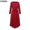 VONDA Women Autumn Loose Long Sleeve Round Neck Solid Color Dresses