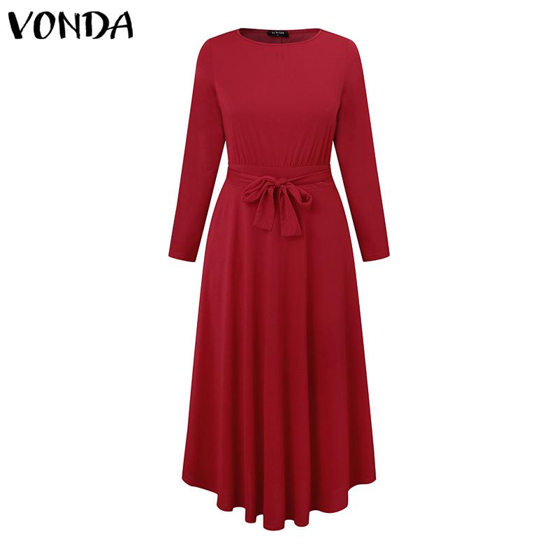 VONDA Women Autumn Loose Long Sleeve Round Neck Solid Color Dresses