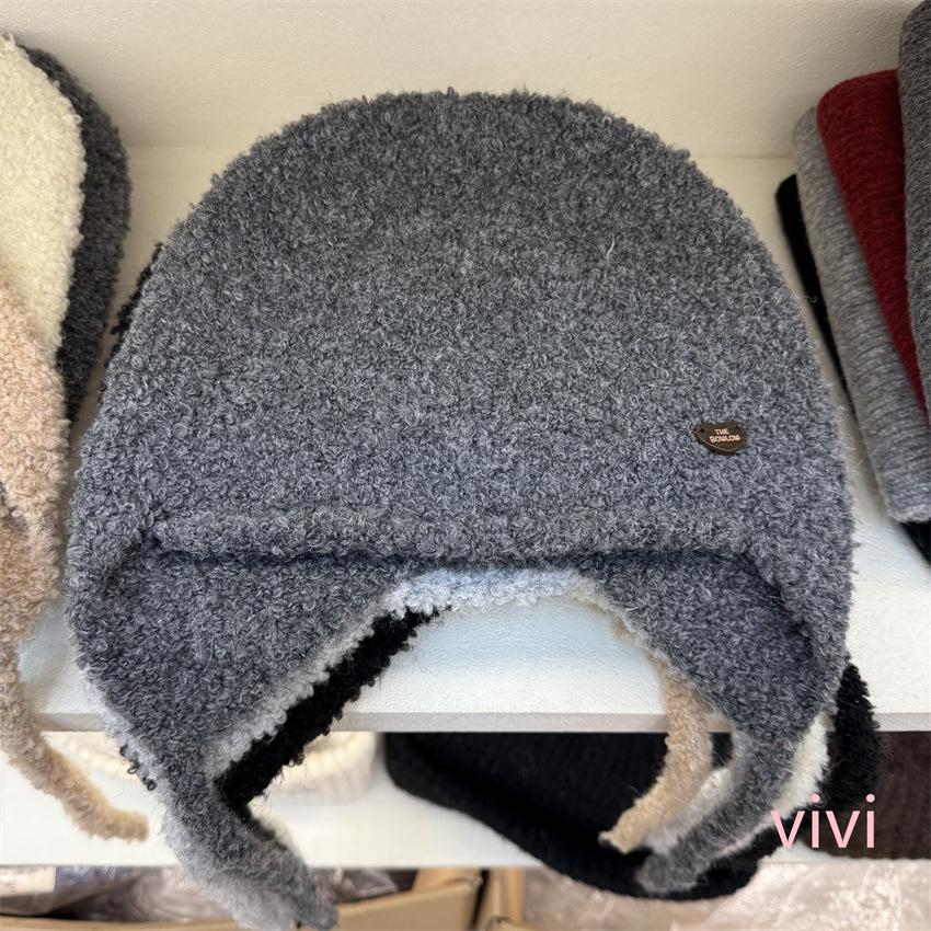 Soft waxy seam buckle small standard wool blended knitted ear protection hat autumn and winter versatile lace-up warm and cold-proof flying hat