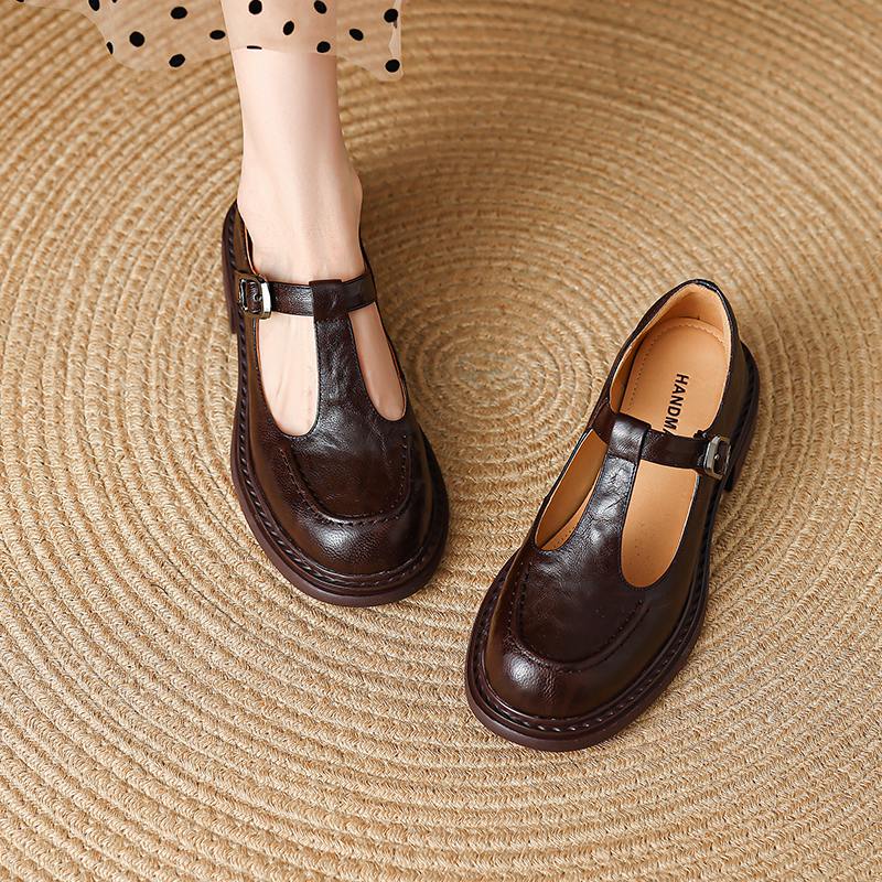 Krazing Pot Sheepskin Round Toe Size 42 Thick Med Heels Slip on Platform Gladiator Metal Buckle Autumn Pumps