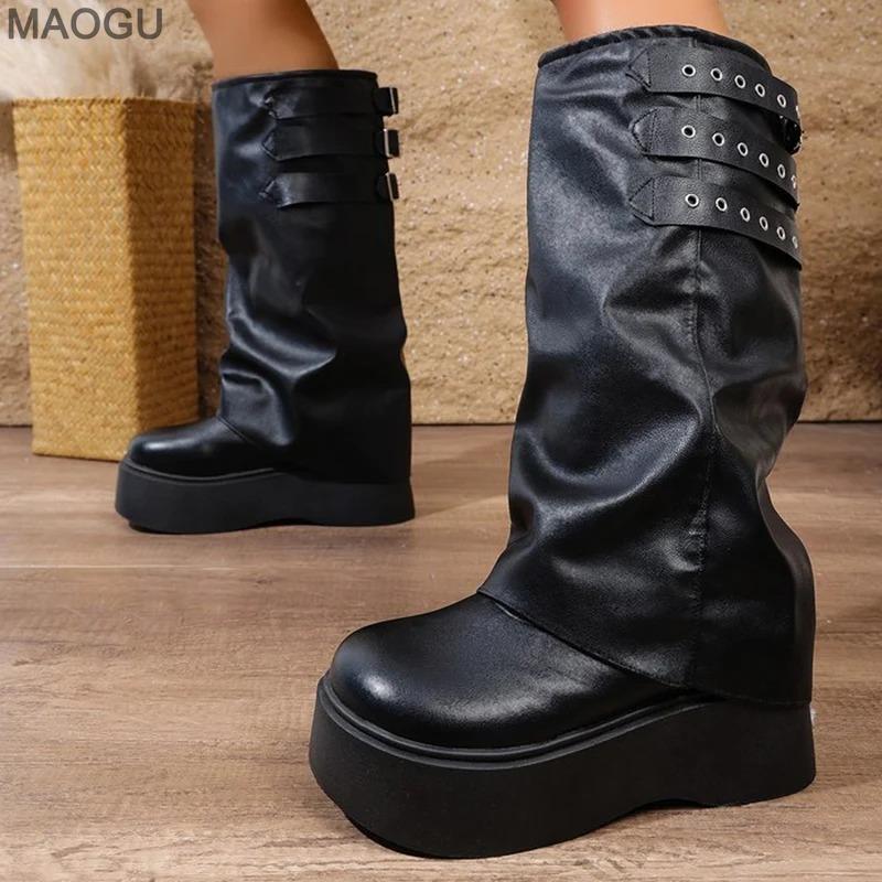 Platform High Heel Boots for Women Fashion Black Buckle Straps Mid Calf Boots Woman Pu Leather Platform Botas Mujer Thick Bottom