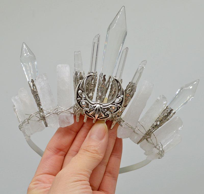 Retro Silver Moon Crystal Glass Crown Headband