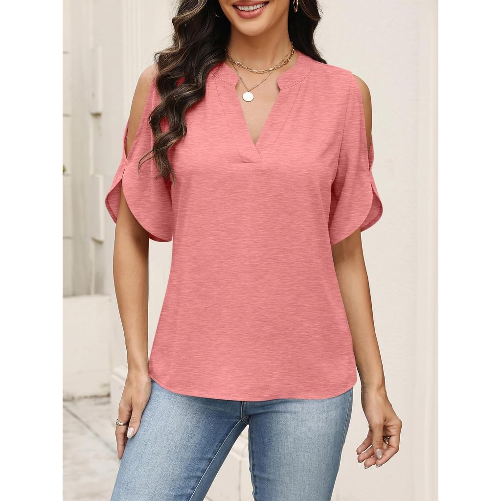 Womens Cold Shoulder V Neck T Shirt Short Sleeve Casual Loose Fit Top Summer Lightweight Blouse