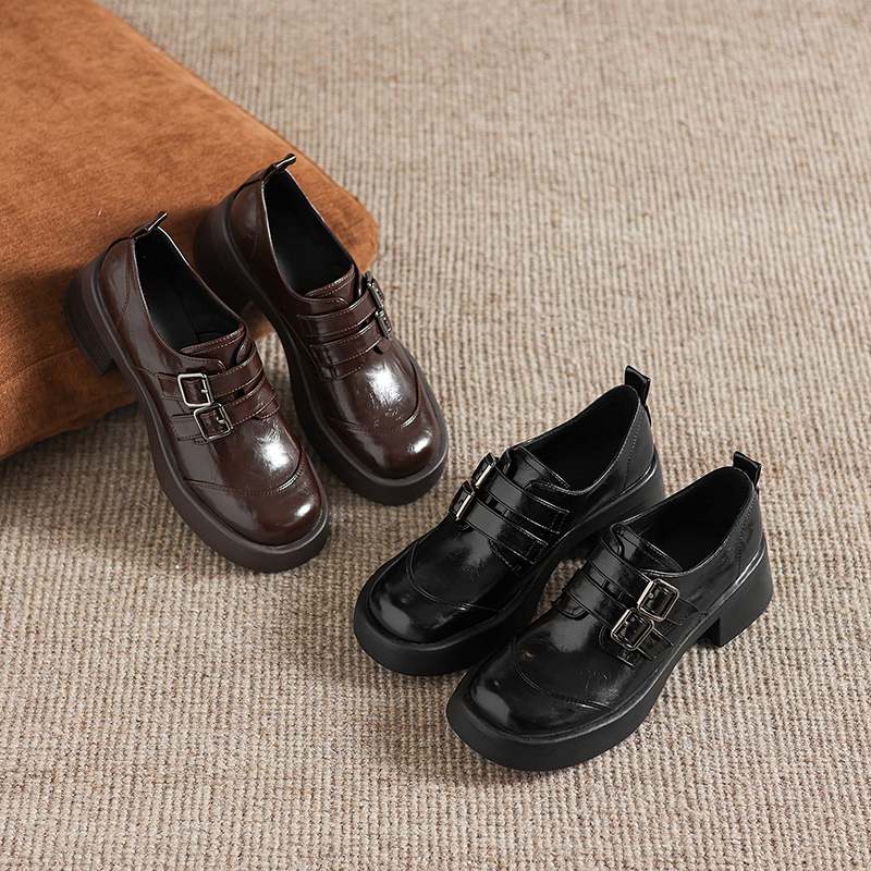 Krazing Pot Microfiber Round Toe Chunky Heels Spring Summer Shoes Big Size 43 Size 33 Women Metal Buckle Platform Pumps